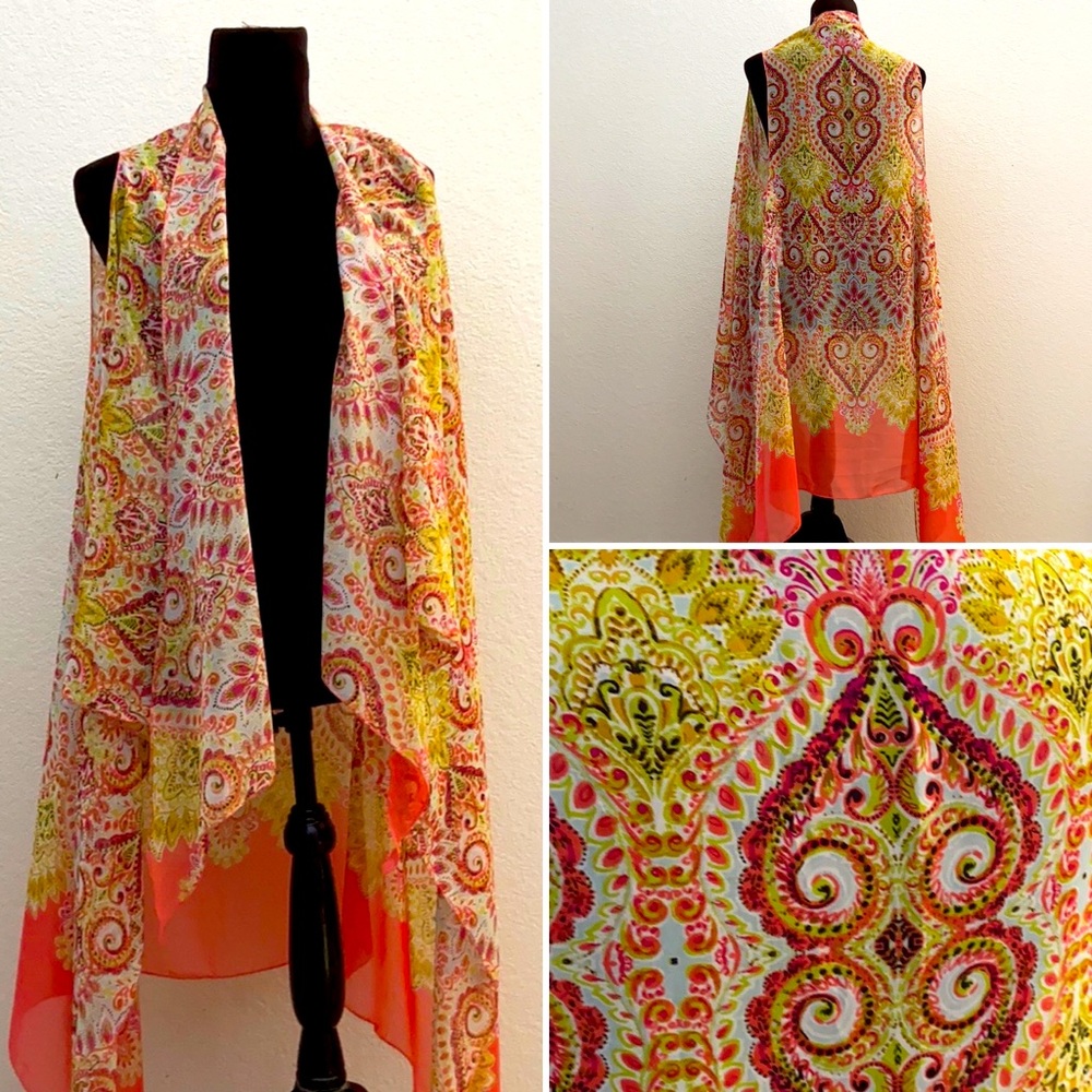 🌼4/$10🌼 NWT DRESS BARN Sheer Bohemian Paisley Print Open Front Long Duster Top